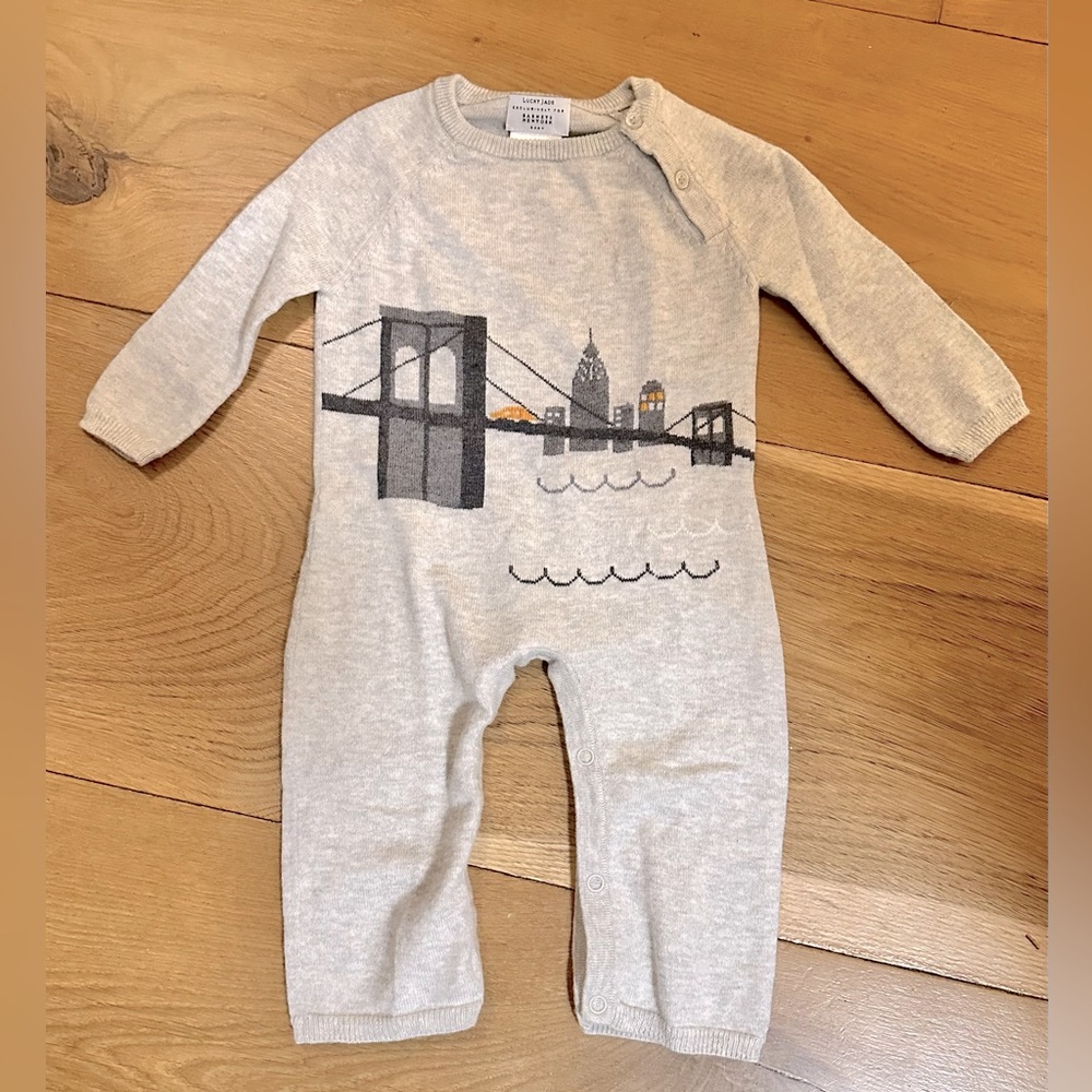 Lucky Jade Skyline Cashmere/Cotton Romper, Size 3-6 Mo